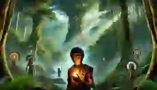 Tupac, the young Jivaroan boy, stands at the edge of the jungle, his destiny illuminated by the glow of the amulet, as ancient spirits watch from the shadows