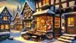  A cozy winter evening in a quaint German village, with the shoemaker and his wife working inside their warmly lit workshop, highlighting the start of their enchanting tale.