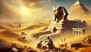 A majestic view of the ancient Egyptian desert, capturing the monumental construction of the Sphinx under golden sunlight.