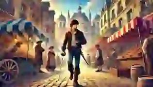 Young d'Artagnan steps into the vibrant streets of Paris, filled with bustling market stalls and Renaissance-era architecture, marking the beginning of his adventurous journey to become a Musketeer.