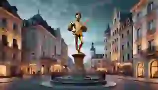 The statue of the Happy Prince stands gracefully on a pedestal, its golden exterior gleaming in the twilight of a peaceful European city square. His sapphire eyes gaze down with hidden sorrow, while people admire the statue unaware of the prince's inner pain.