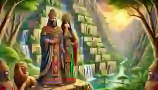 A stunning depiction of the Hanging Gardens of Babylon with King Nebuchadnezzar II and Queen Amytis, standing proudly before the lush terraces, cascading waterfalls, and exotic greenery, framed by the golden walls of Babylon and the Euphrates River.