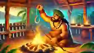 Illustration of Māui crafting his magical fishhook by the light of a fire, anticipation in his eyes.