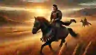 Aliman, the resilient young warrior, rides across the vast Kazakh steppe at dawn, a golden sunrise illuminating his determined face as he prepares for the journey that will unite his people.