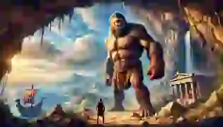 Polyphemus, the mighty Cyclops, stands guard outside his cave on a rugged Greek mountain, unaware of Odysseus and his crew cautiously approaching from the distance. The tension-filled landscape and vibrant colors set the stage for their fateful encounter, echoing the timeless spirit of ancient Greek mythology.