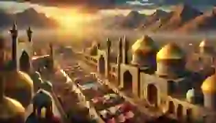 The Forgotten Kingdom of Persia at its peak, with golden domes, vibrant bazaars, and intricate mosaics reflecting a culture of innovation and unity amidst a lush valley.