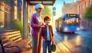 Amir and his grandmother stand at the bustling bus stop, awaiting their journey through the city, where each stop will reveal new stories and lessons about the world around them.