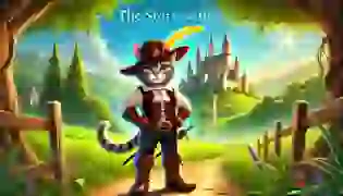 Puss in Boots stands confidently on a dirt path, with a majestic castle in the distance. This clever and adventurous cat is ready to change his master's fortune. Join him on a journey filled with wit and cunning in the enchanting tale of 'Puss in Boots.