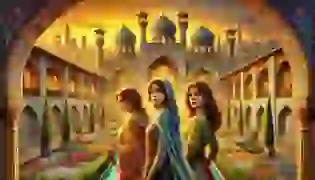 The three royal sisters of Persia—Parvin, Soraya, and Layla—stand united under a golden sunset, each embodying their unique virtues of wisdom, justice, and compassion, as they prepare for their extraordinary journeys. The lush palace garden and vibrant architecture of ancient Persia create a majestic backdrop to introduce their tale.