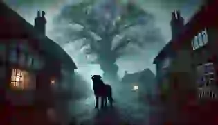 A dark, foggy English village square in the 19th century, with a mysterious black dog watching from the shadows. The scene sets the tone for the eerie legend about to unfold.