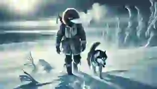 A man braves the icy wilderness alongside his husky companion, setting out on a journey through the frozen Yukon, with snow stretching endlessly under a gray, foreboding sky.