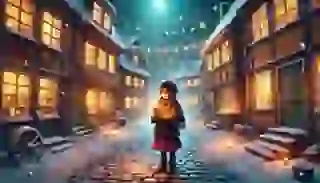 The Little Match Girl in the cold, snowy streets with a bundle of matches.